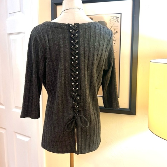 Colette,Softly Ribbed Grey Barron Lace-Up Back,Ribbed Knit Sweater,Top, Size M - Picture 1 of 11